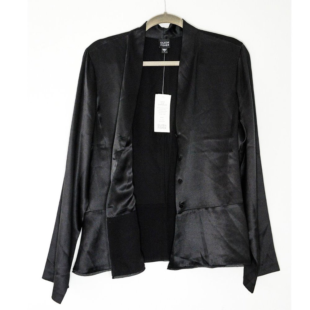 Eileen Fisher Satin Silk Charmeuse Women Black long sleeves Blouse. Large.